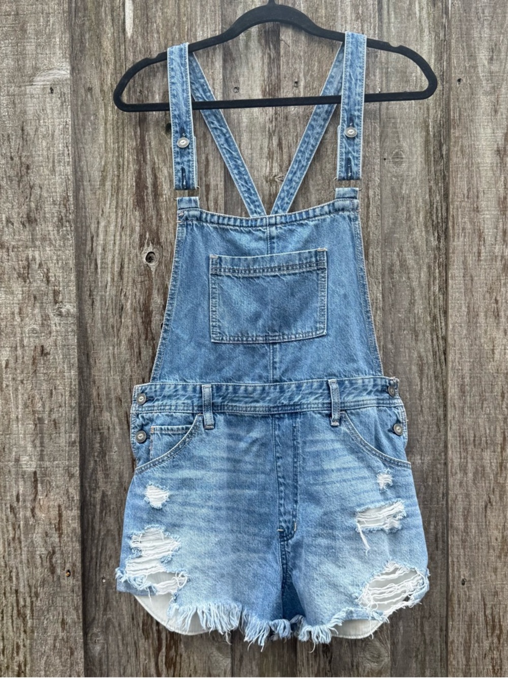 Hollister Distressed Denim Short Overalls High Rise Light Wash L